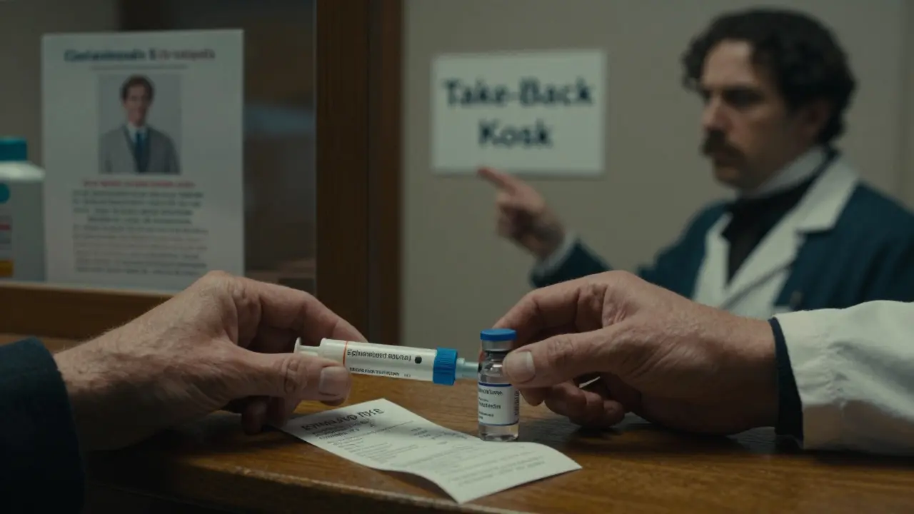 An expired epinephrine pen and insulin vial sit beside a pharmacy receipt, with a take-back kiosk sign in view.