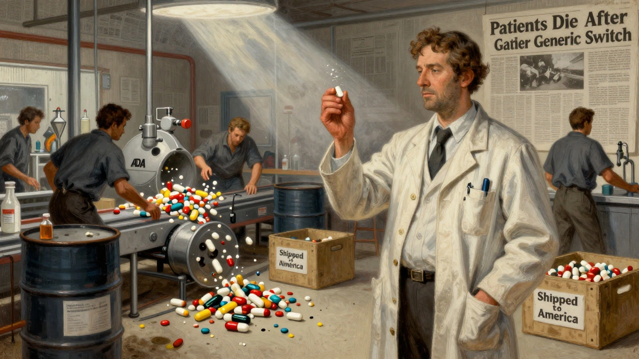 An FDA inspector in a crumbling foreign factory holds a crumbling pill as chaotic production unfolds around him.