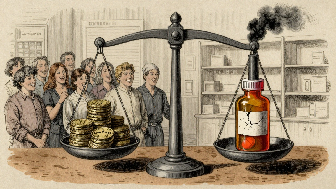 Balance scale showing affordable medicine vs. a darkening factory, symbolizing price cuts and supply shortages.