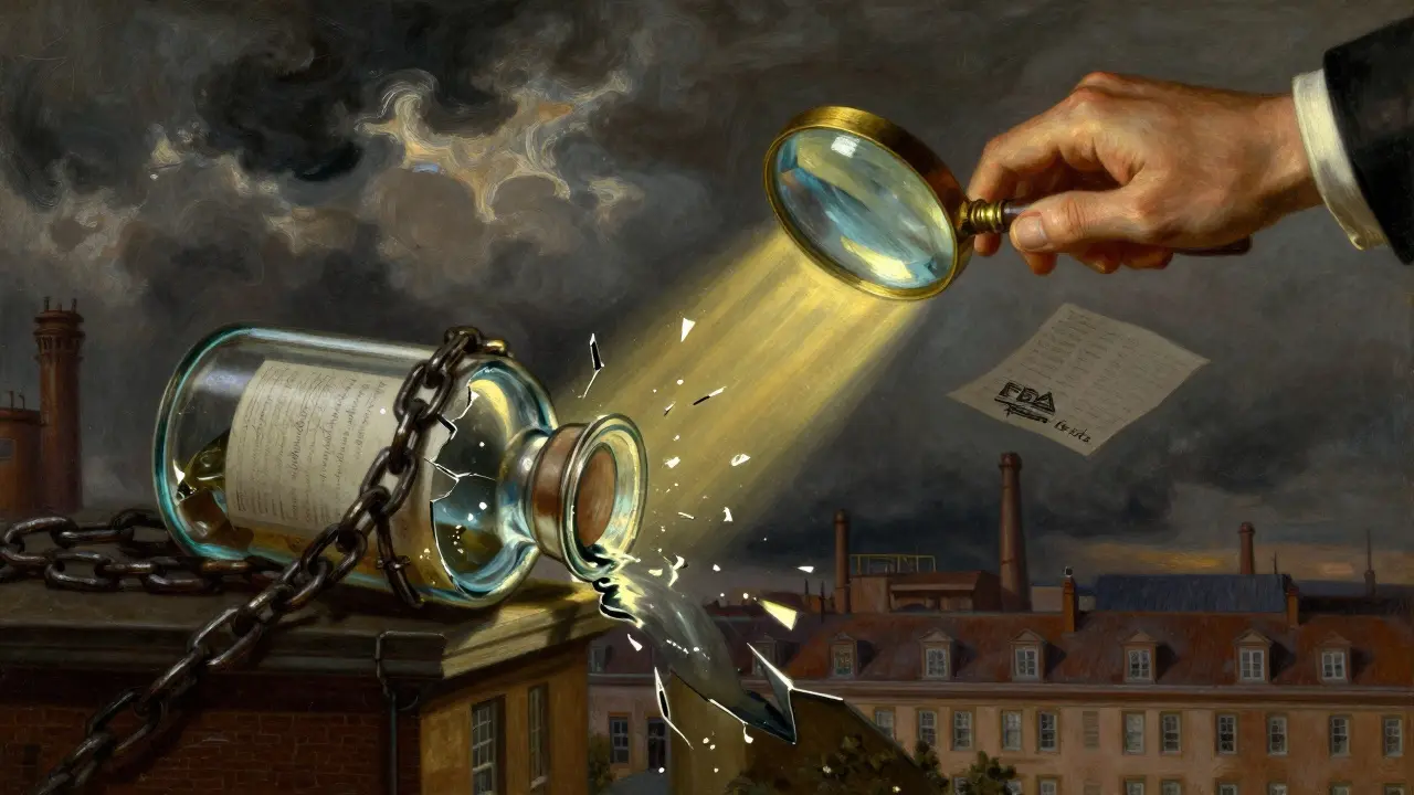 Broken vial turning to chains around a factory, FDA magnifying glass shining light on falsified records.