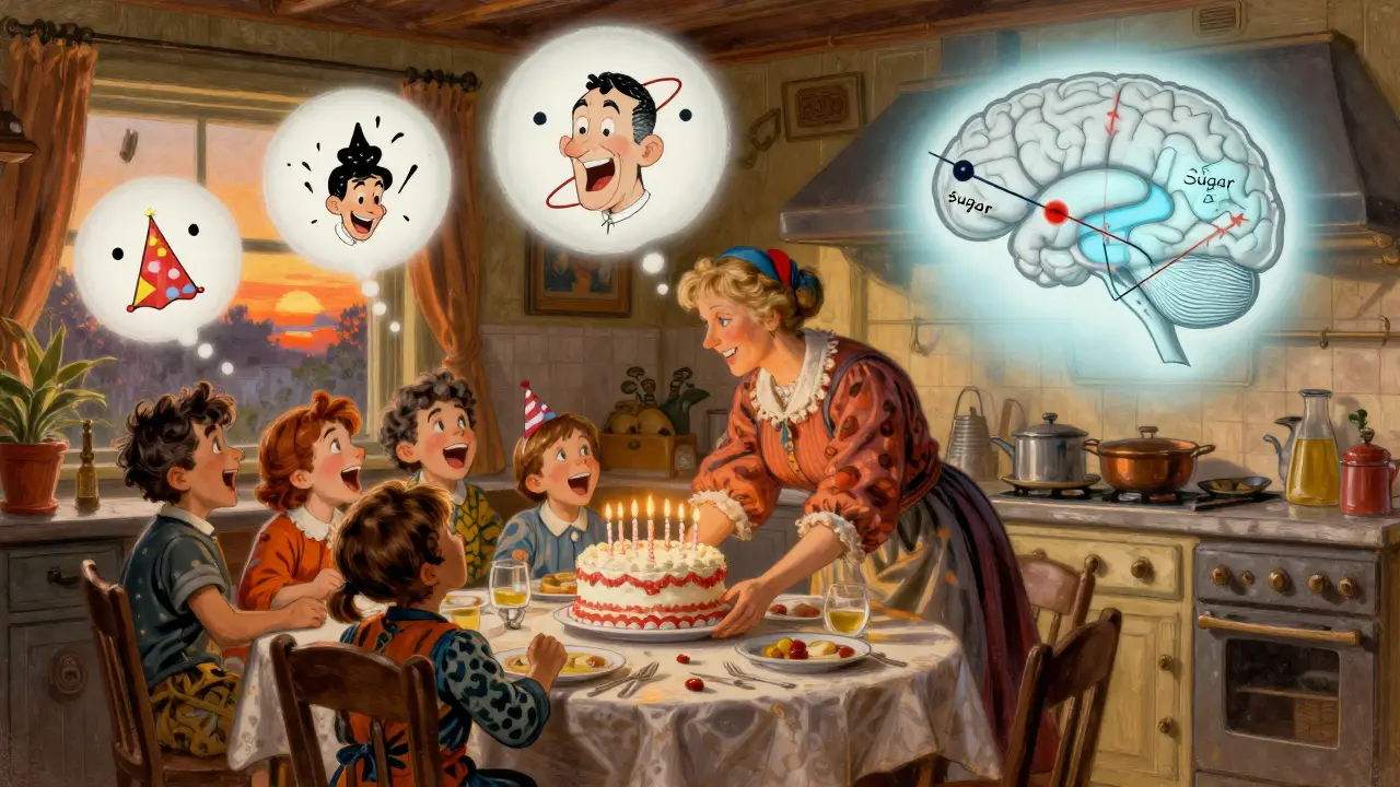 Children celebrate at a birthday party as a scientific diagram counters the myth that sugar causes hyperactivity.