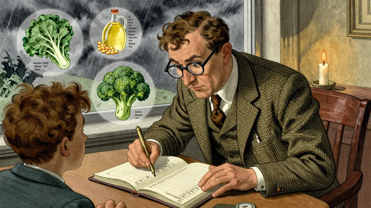 Doctor and patient reviewing a food diary with floating images of high-vitamin K foods.