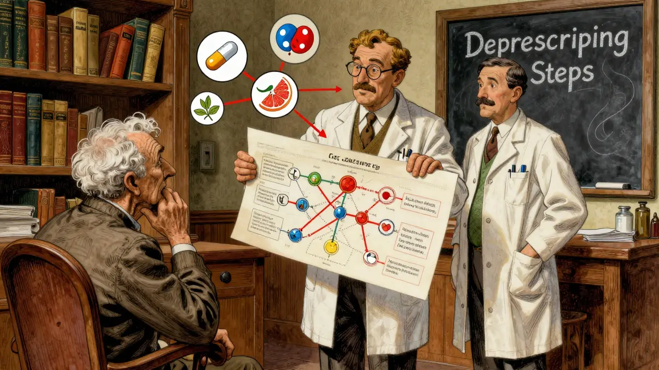 Doctor and pharmacist reviewing a chart of dangerous drug interactions with floating icons and warning symbols.