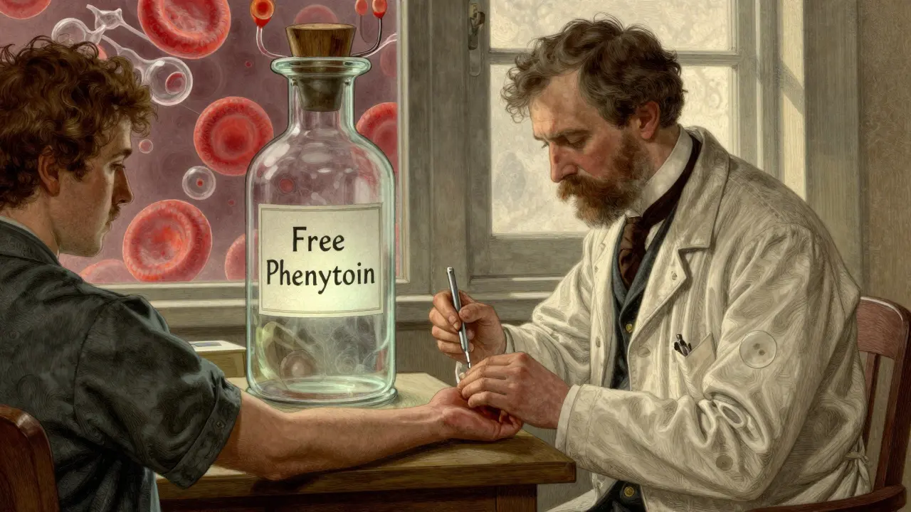 Doctor drawing blood with glowing vial labeled Free Phenytoin, protein molecules visible