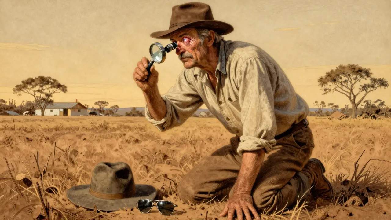 Elderly farmer with visible pterygium in his eye, kneeling in a sunlit field.