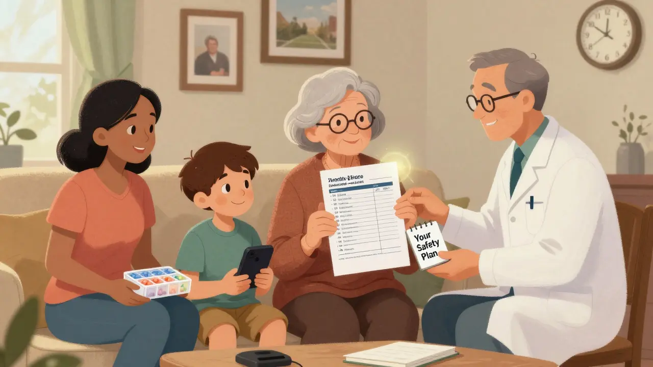 Family and pharmacist helping elderly woman update her medication list in a warm living room setting.