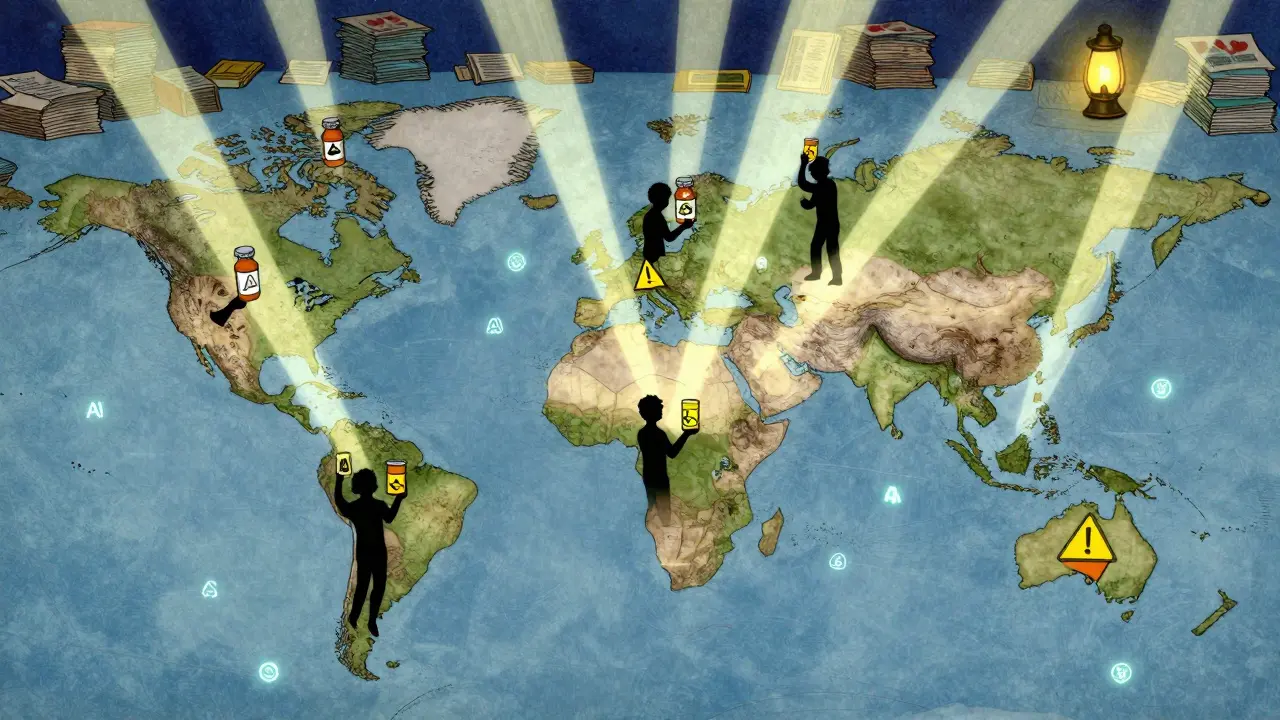 Global map with patients holding differently labeled pills, light beams from four nations converging unevenly, WHO lantern faint in background.