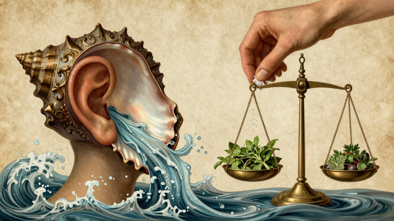 Inner ear as seashell vessel balancing salt against herbs and water droplets