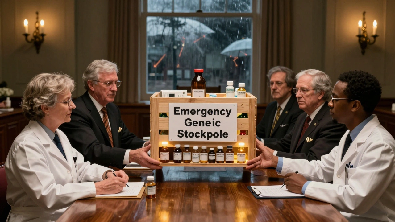 Lawmakers and pharmacists lift a crate of essential generic medicines in a candlelit room.