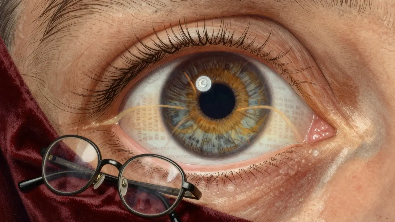Magnified view of an aging eye with layered lens, light rays misfocused on blurred text.