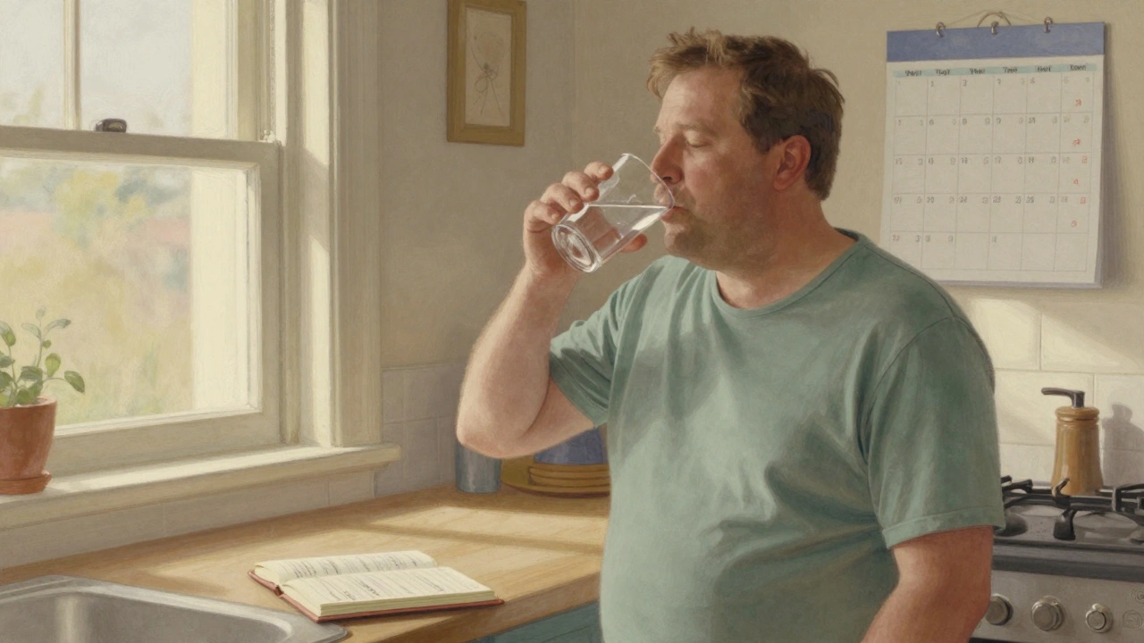 Man drinking water steadily in sunlit kitchen with daily hydration journal