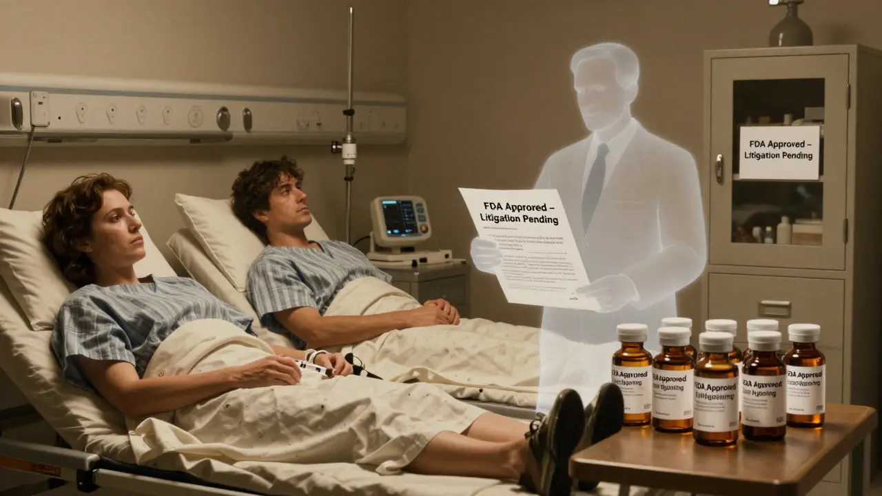 Oncology patients receive expensive drugs while approved generics are locked away, blocked by a lawyer holding a patent scroll.