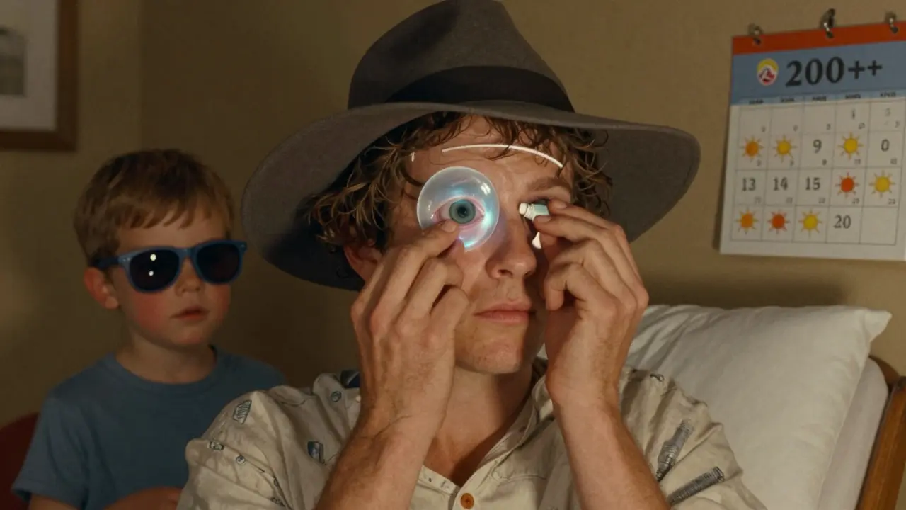 Patient applying eye drops after surgery, with a glowing membrane and child wearing sunglasses.