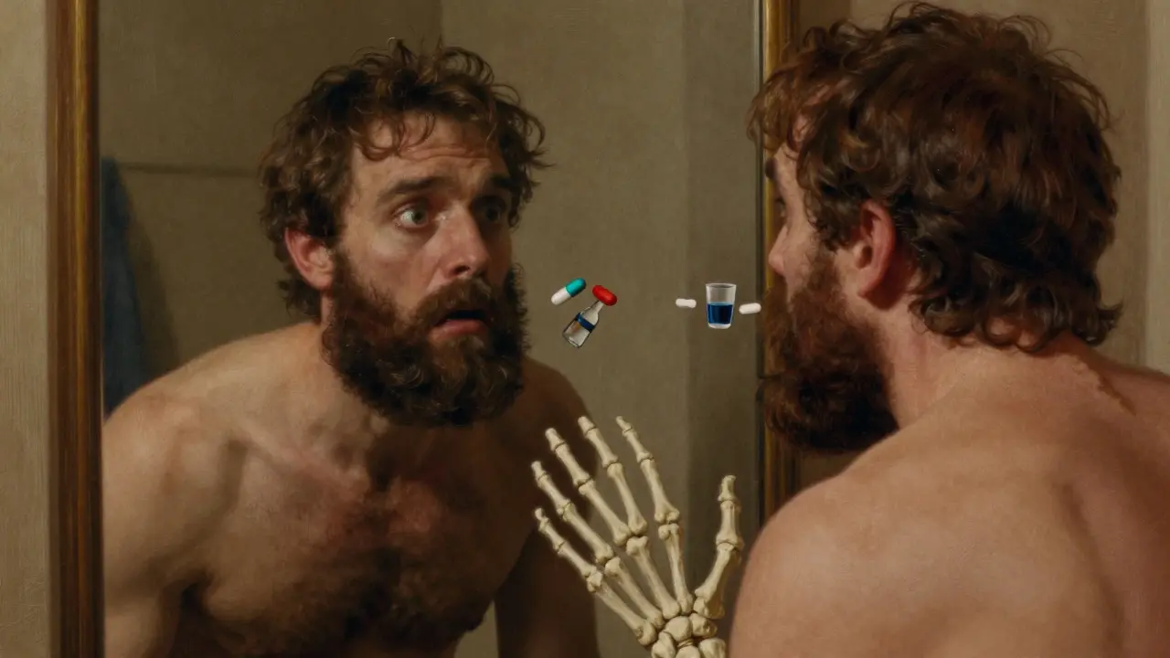 Patient in mirror showing gum swelling, facial hair, and bone loss symbols