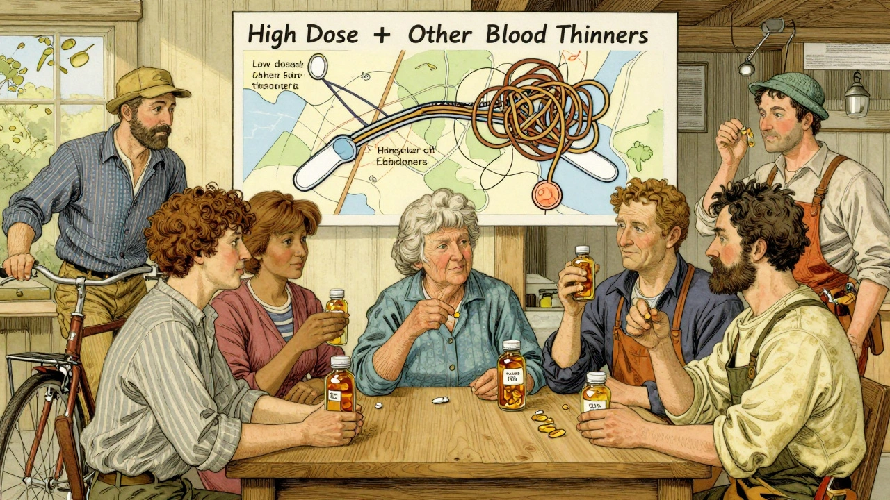 People sit at a table with fish oil and aspirin, above them a map shows safe vs. risky platelet pathways in detailed ink and watercolor style.