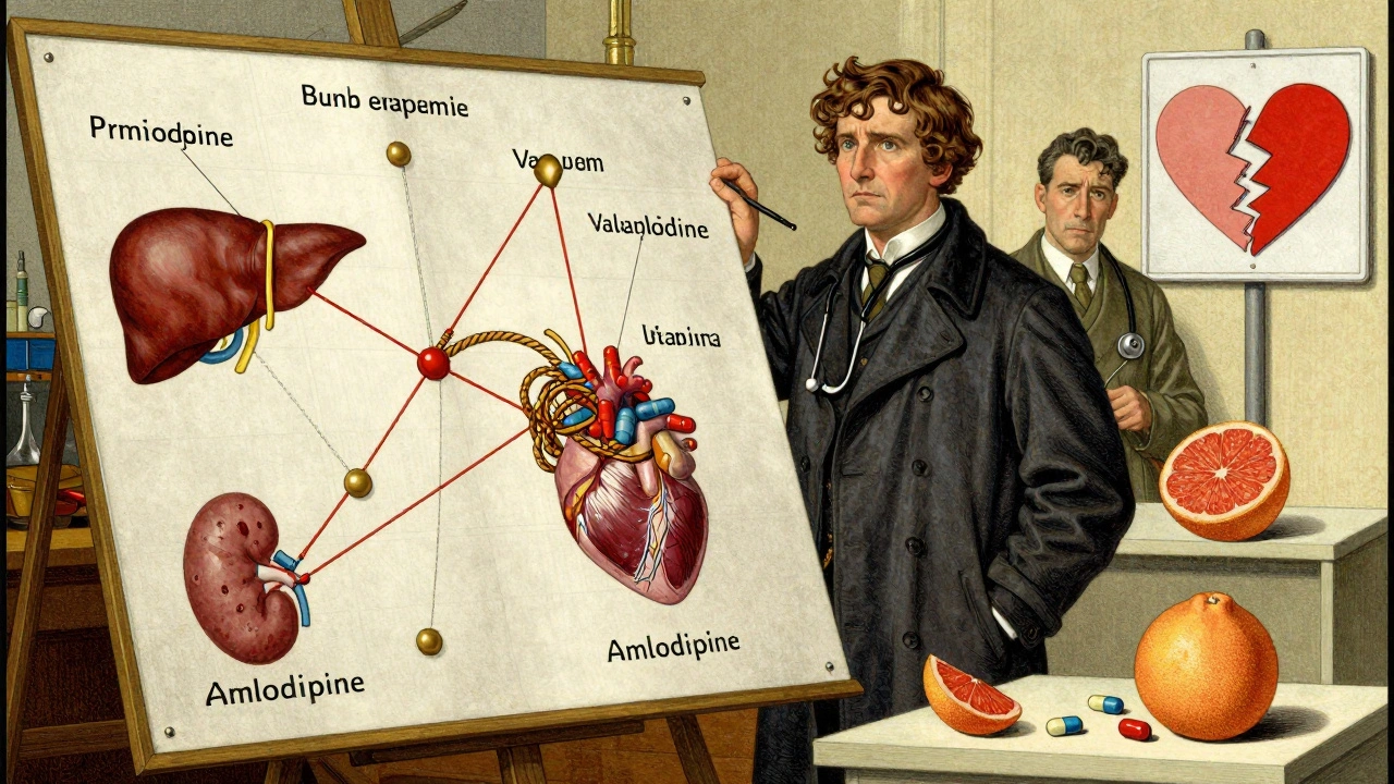 Pharmacist examining a detailed chart linking drugs to organs, with verapamil tangled in red ropes.