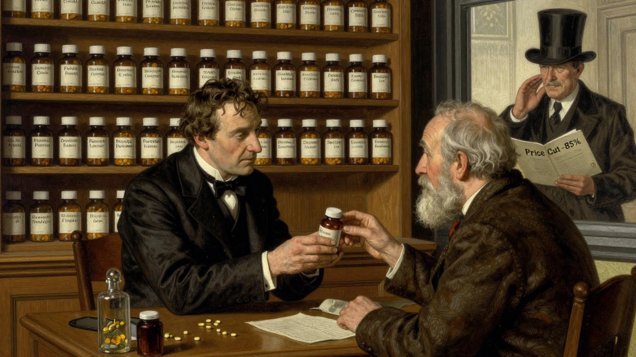 Pharmacist giving a generic pill bottle to an elderly patient, with empty shelves and a shadowy manufacturer watching.
