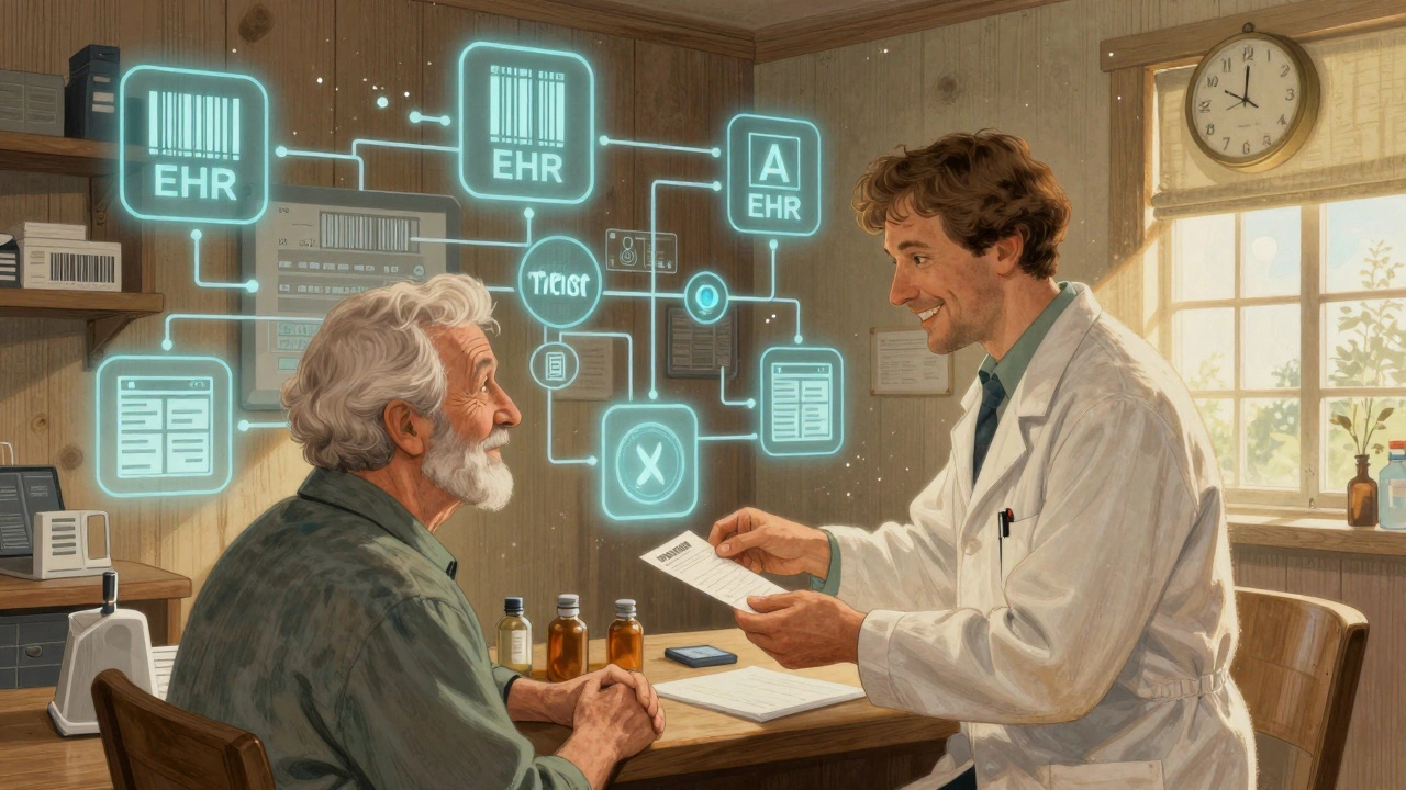 Pharmacist handing medication to an elderly patient with glowing digital pathways symbolizing safe workflow systems.