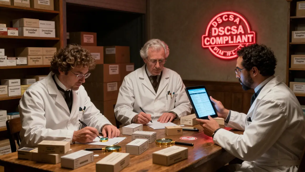 Pharmacists verifying drug packages with barcodes and digital ledgers in a warehouse, rejecting unverified supplies.