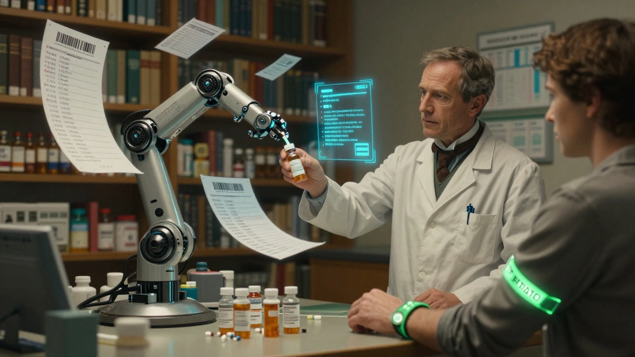 Robotic arm filling prescription vials with floating digital checklists and barcodes in a hospital pharmacy.