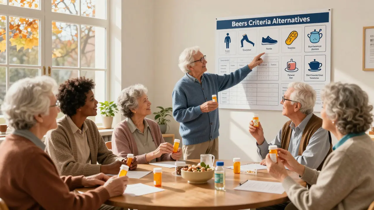 Seniors and families gather around a pharmacist holding a chart of safe alternatives, bathed in warm community-center light.