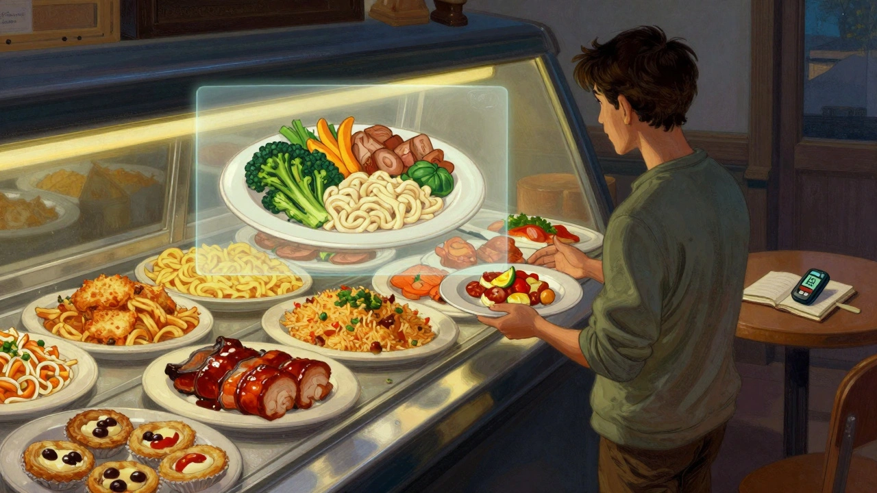 Someone hesitating at a buffet, mentally visualizing a balanced plate amid tempting high-carb foods.