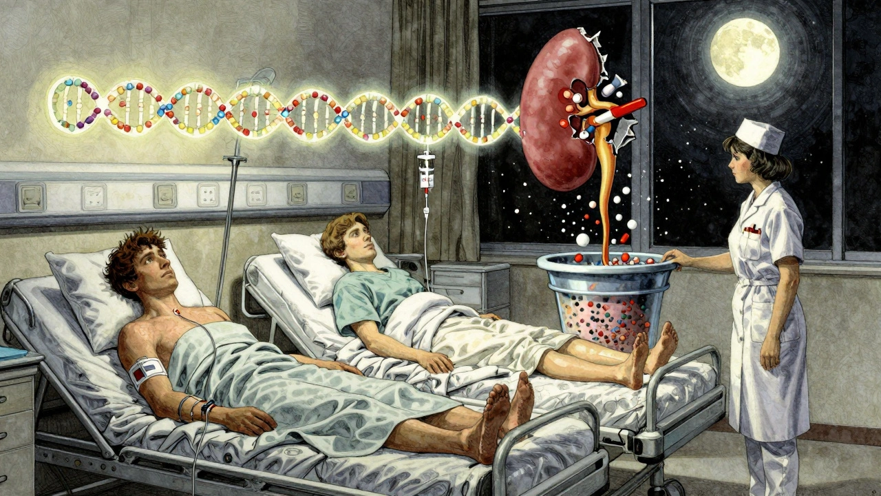 Three patients in a hospital ward, one with pacemaker, another swollen, one calm—gene strand glows above.