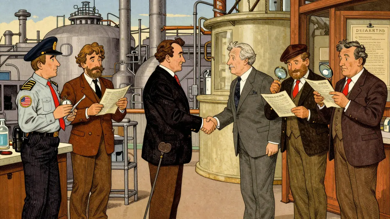 Two inspection teams at a factory with a Canadian official mediating between U.S. and EU regulators, symbolizing mutual recognition.