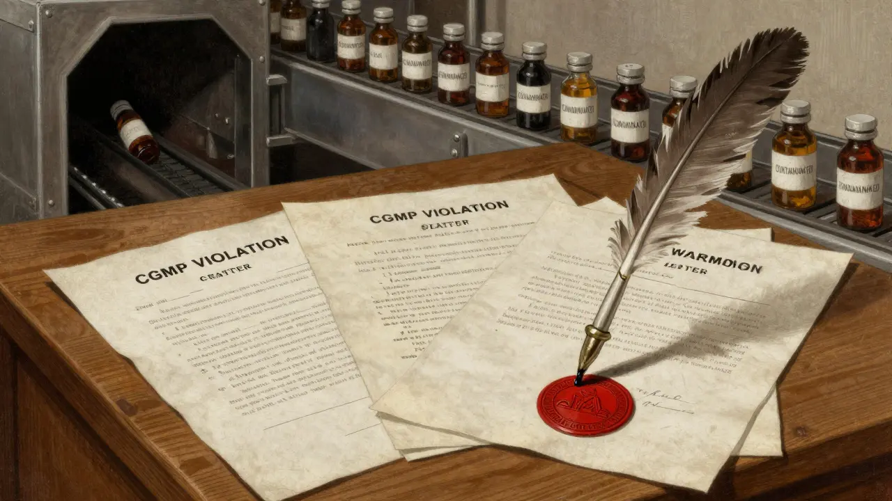 Warning letter on a wooden desk with FDA seal, factory vials disappearing into darkness, Howard Pyle illustration.