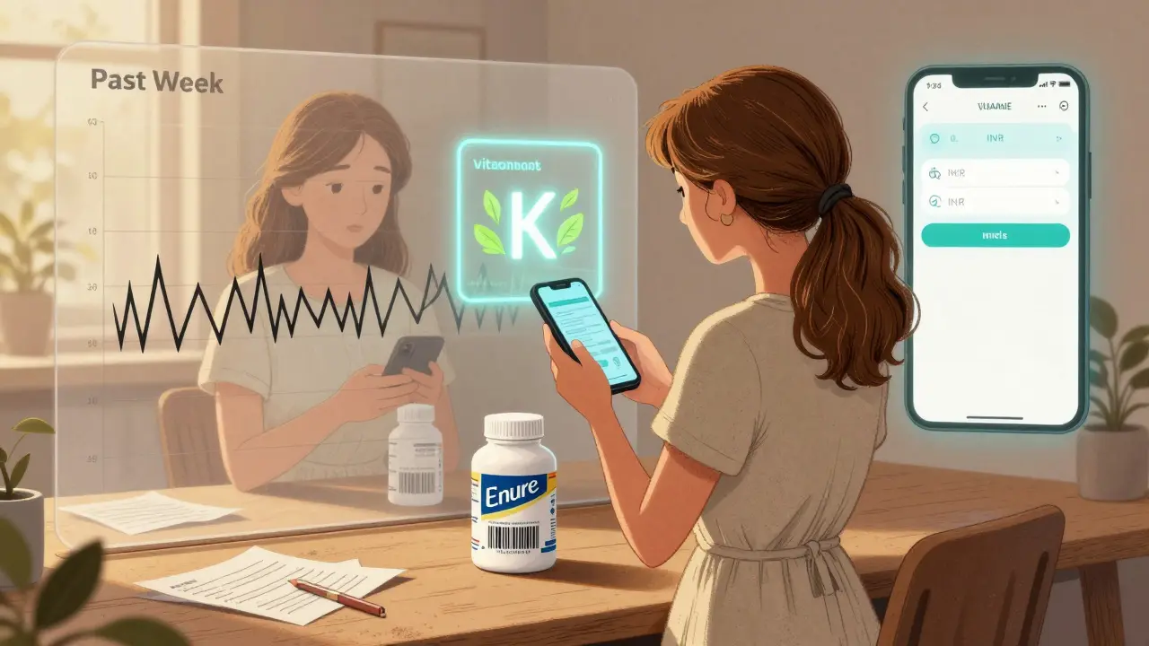 Woman scanning a drink bottle with a phone showing vitamin K levels, digital overlay glowing.
