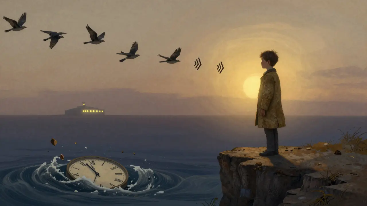 A child on a cliff, one ear in shadow, sound-wave birds flying toward them as a crumbling clock fades below.