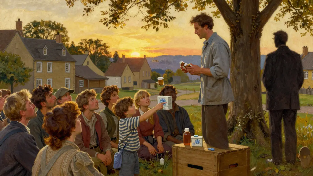 A community health volunteer teaches villagers about generic drugs in a village square at sunset.