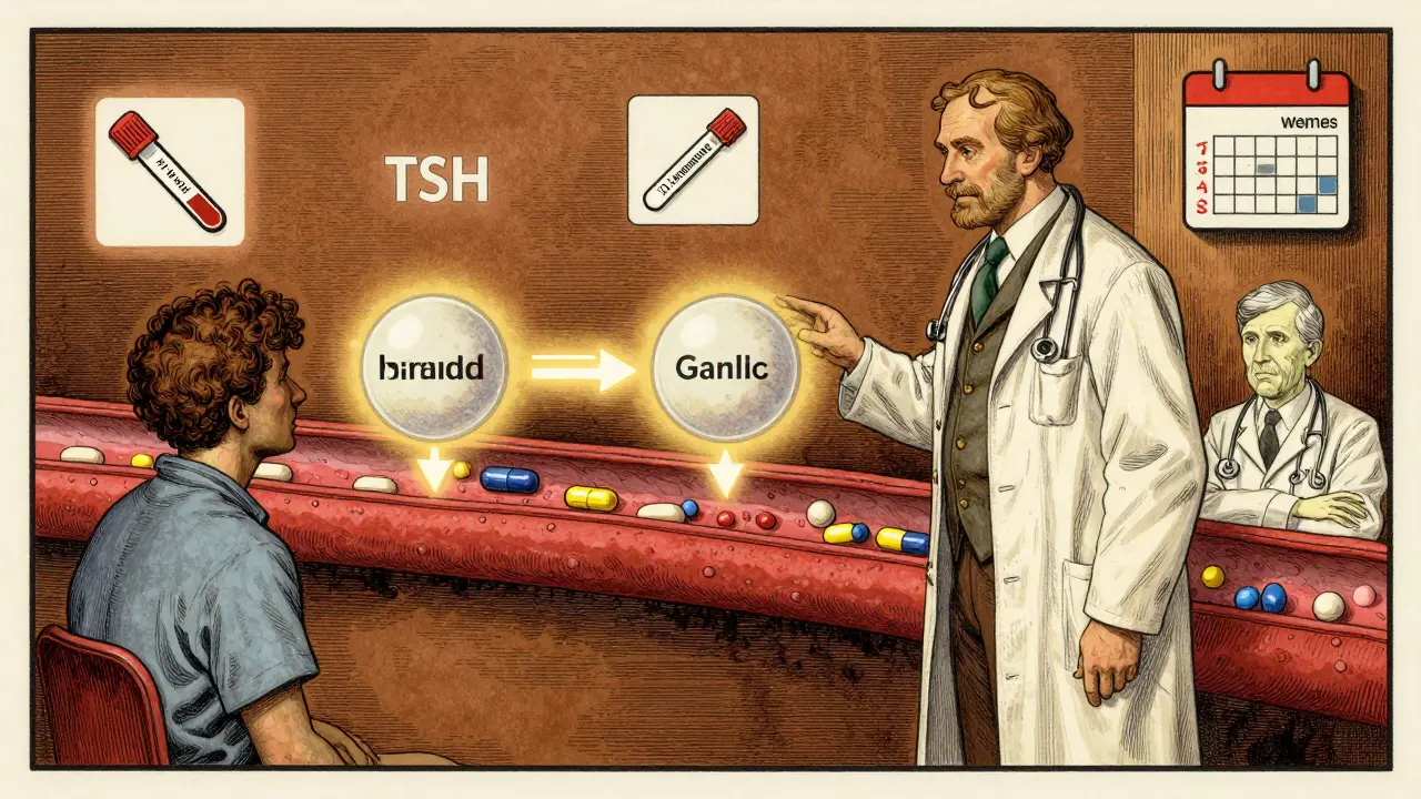 A doctor and pharmacist explain bioequivalence using a hand-drawn diagram of pills in the bloodstream.