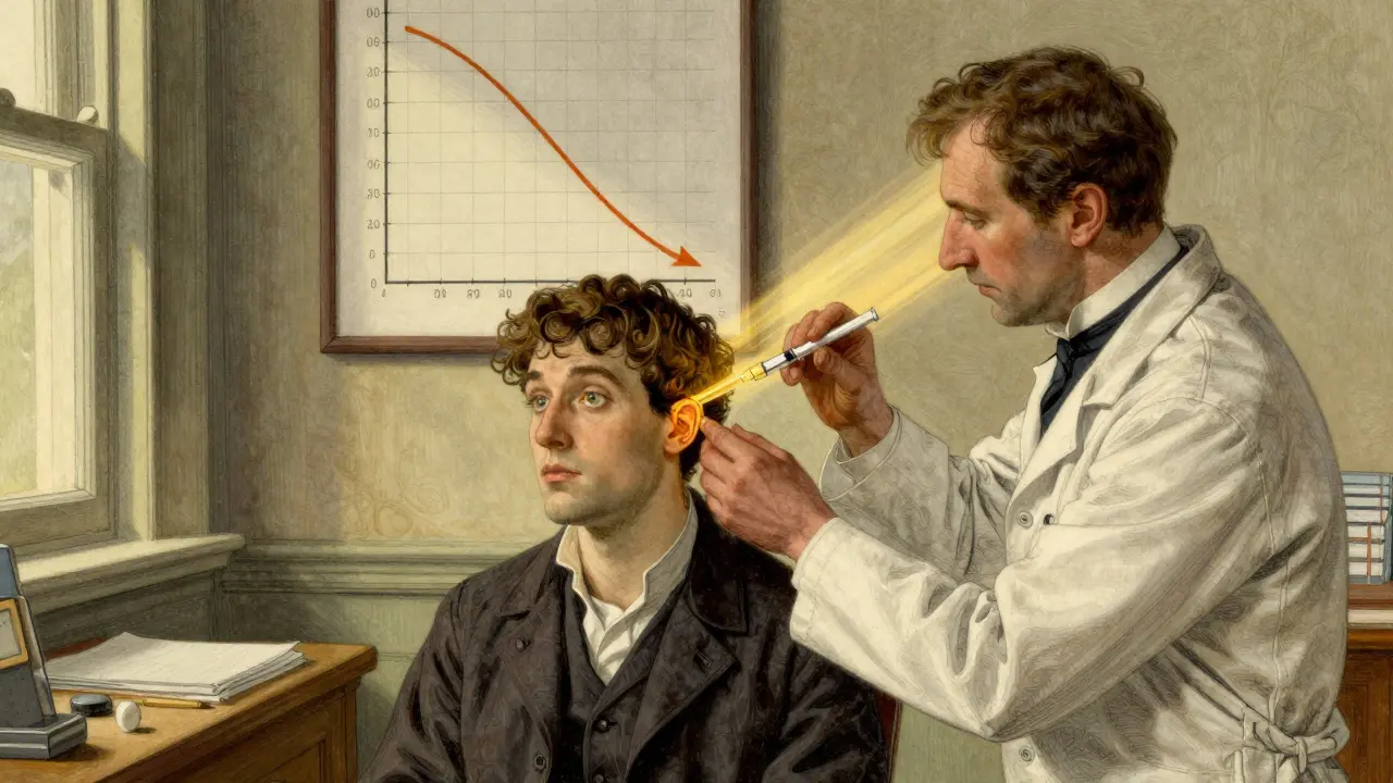 A doctor giving an ear injection as golden light flows into the inner ear, dissolving dark neural pathways.