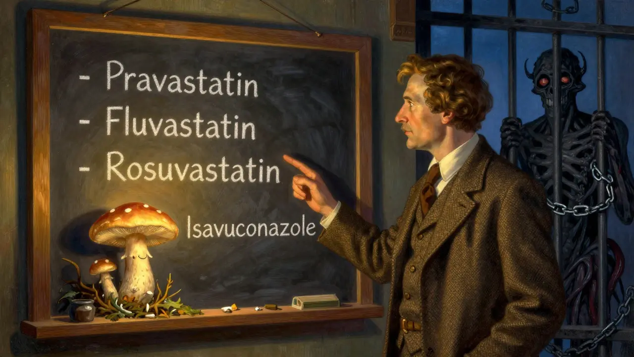 A doctor shows safe statins beside a friendly antifungal, while dangerous ones are chained and banished.