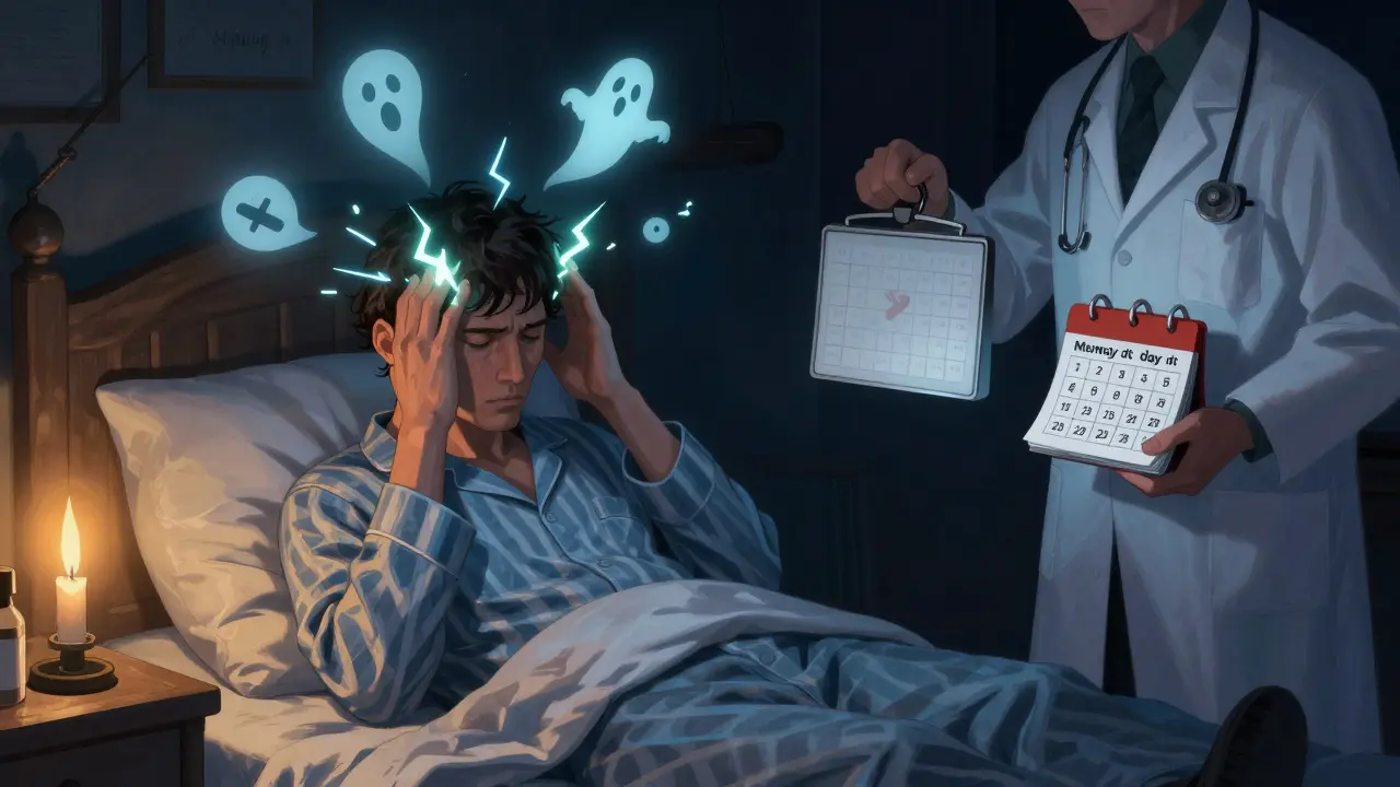 A patient at night with electric zaps from their head, a doctor holding a tapering scale and calendar.
