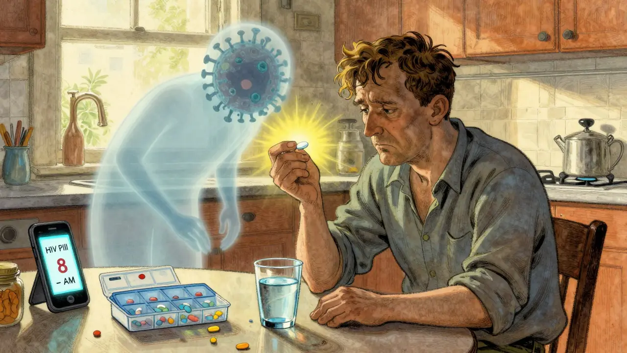 A patient taking medication with a pill organizer and alarm, while a fading virus looms behind.