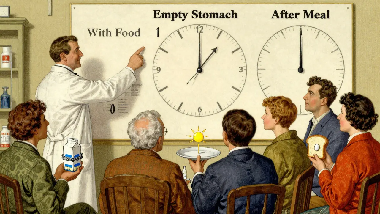 A pharmacist explaining food-drug timing rules with a detailed illustrated chart and diverse patients holding medications.