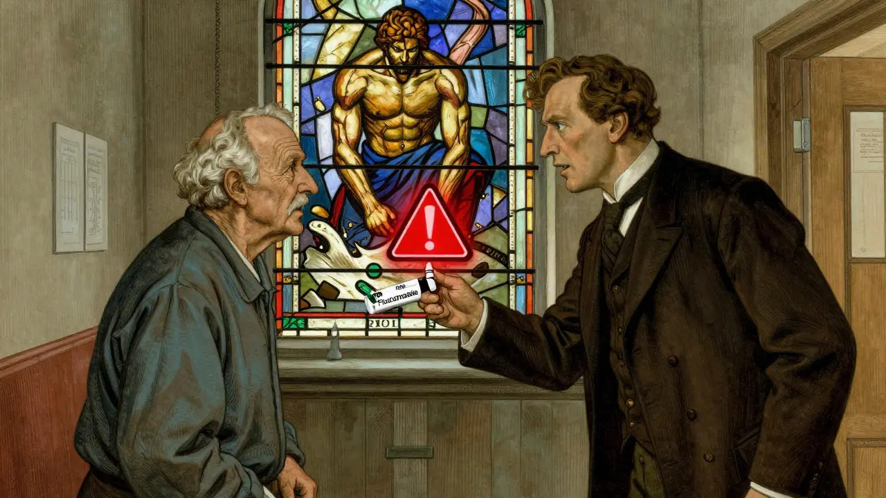 A pharmacist stops an elderly patient from taking dangerous drug combination with glowing warning symbol.