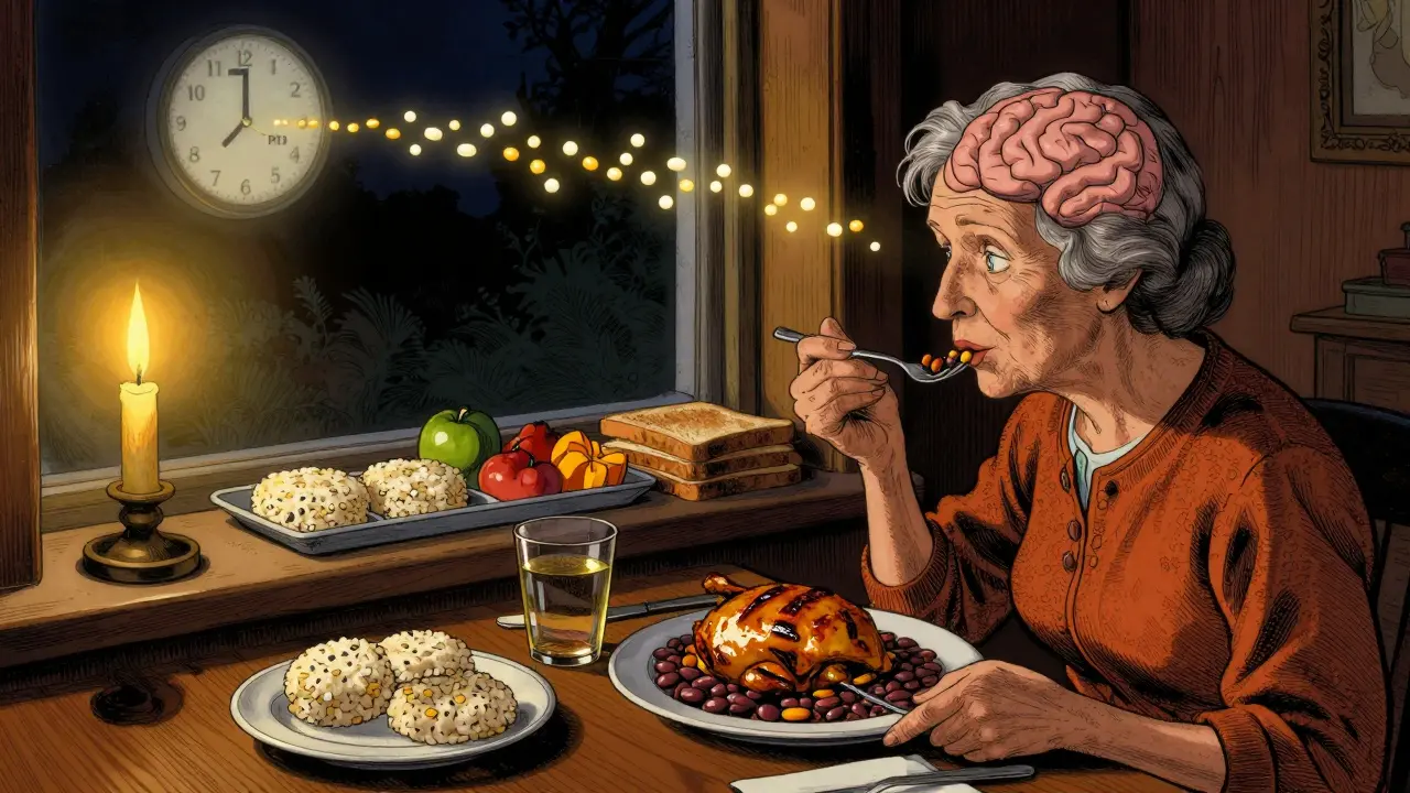 A woman eats protein-rich dinner at night while daytime low-protein meals fade behind her.