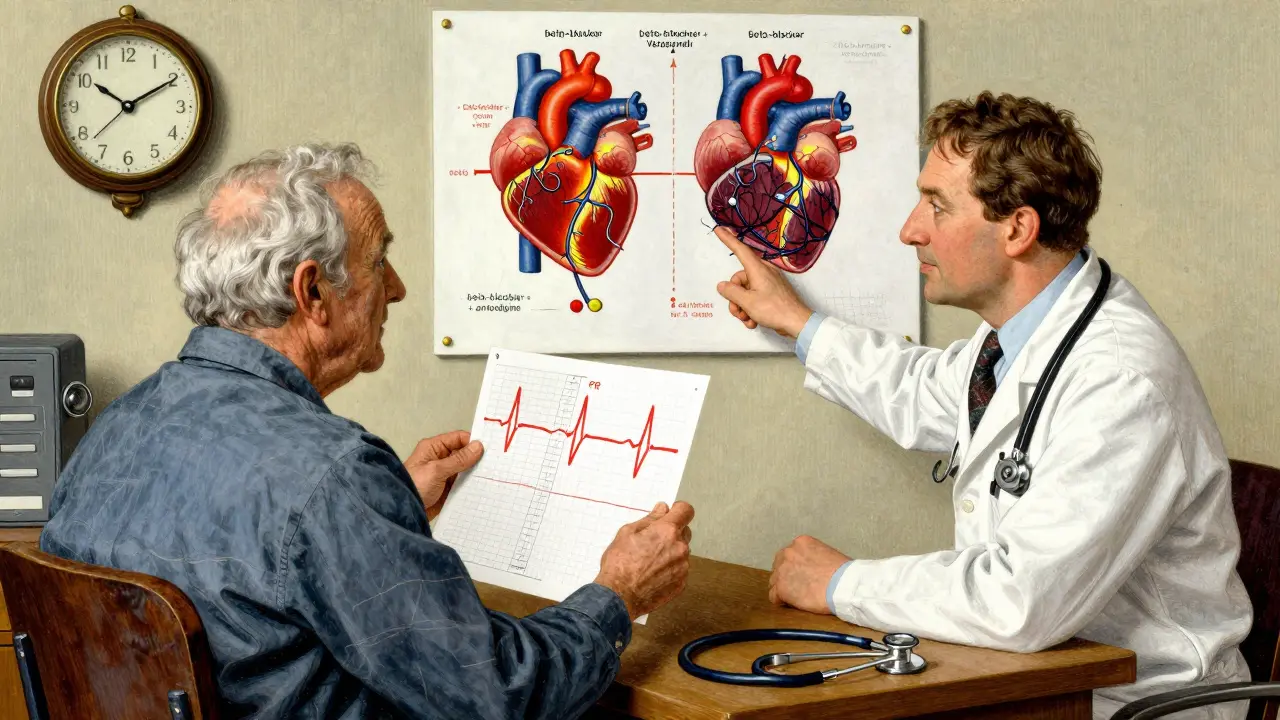 An elderly patient and doctor reviewing an ECG with a chart comparing safe and dangerous heart pathways.