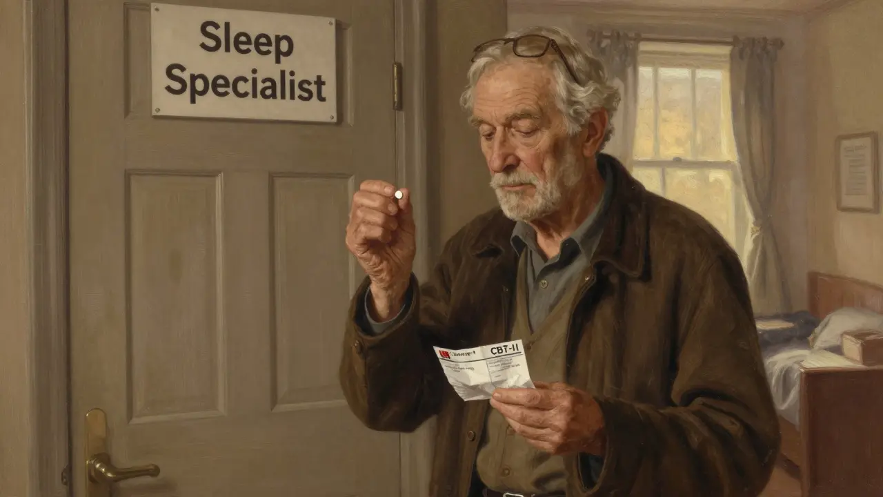 An elderly person hesitating before a sleep specialist door, holding a tiny melatonin tablet and CBT-I paper.