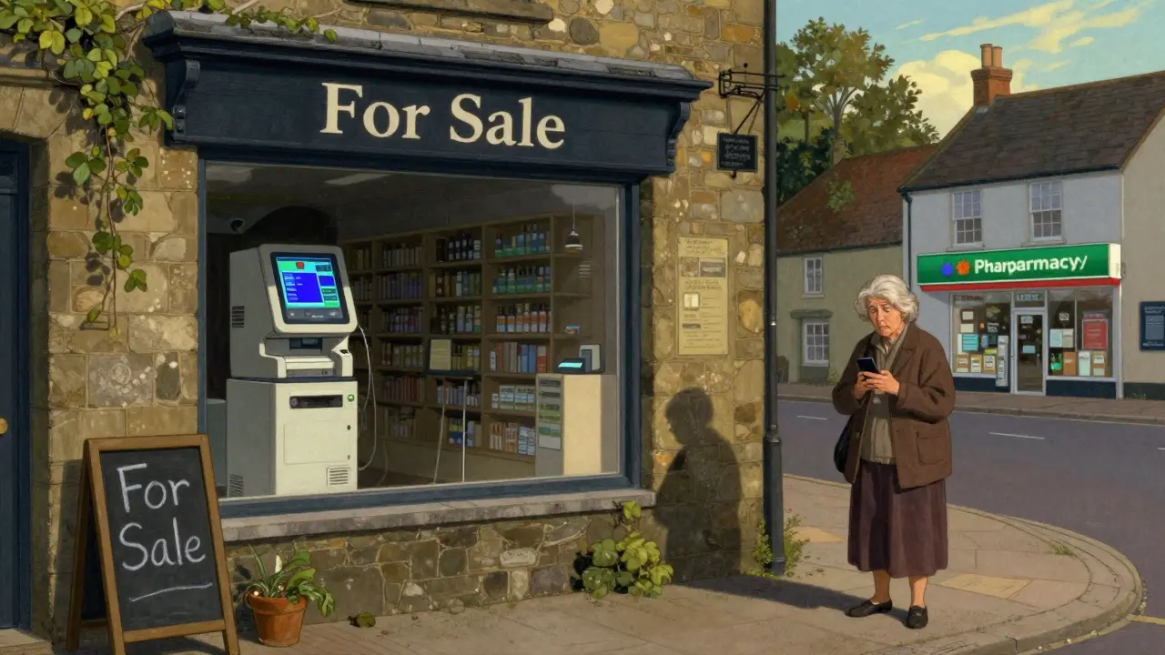 Closed rural pharmacy with elderly woman outside, digital dispensing robot inside, corporate pharmacy glowing in distance.