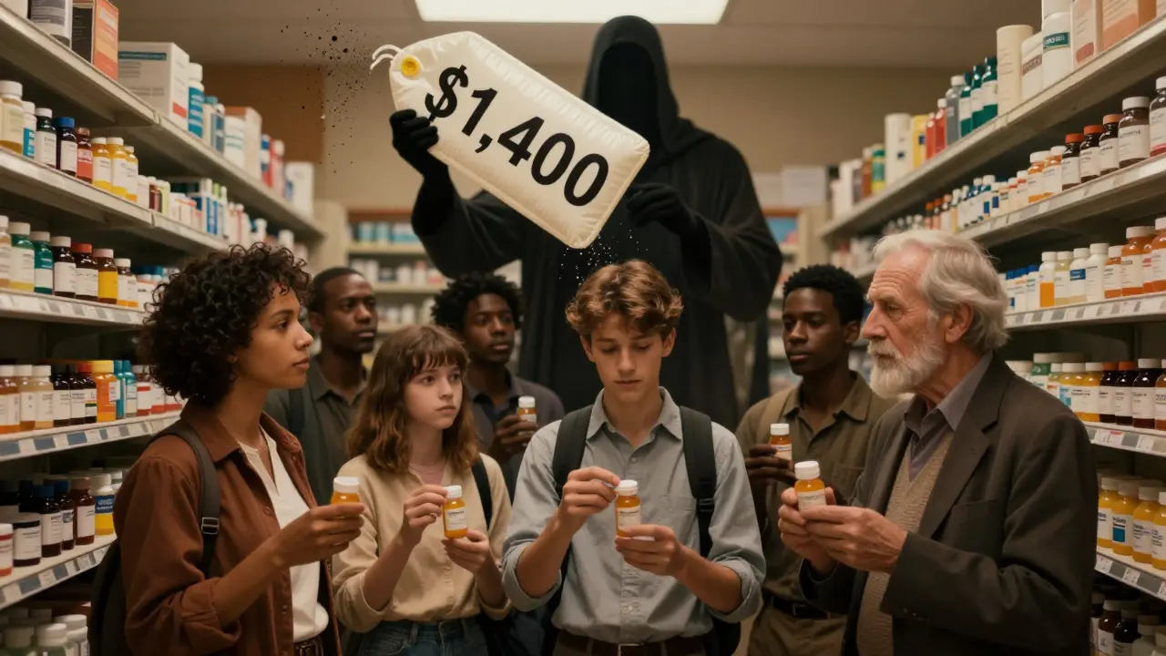 Diverse group in pharmacy aisle holding generic pills as inflated price tag deflates behind them.