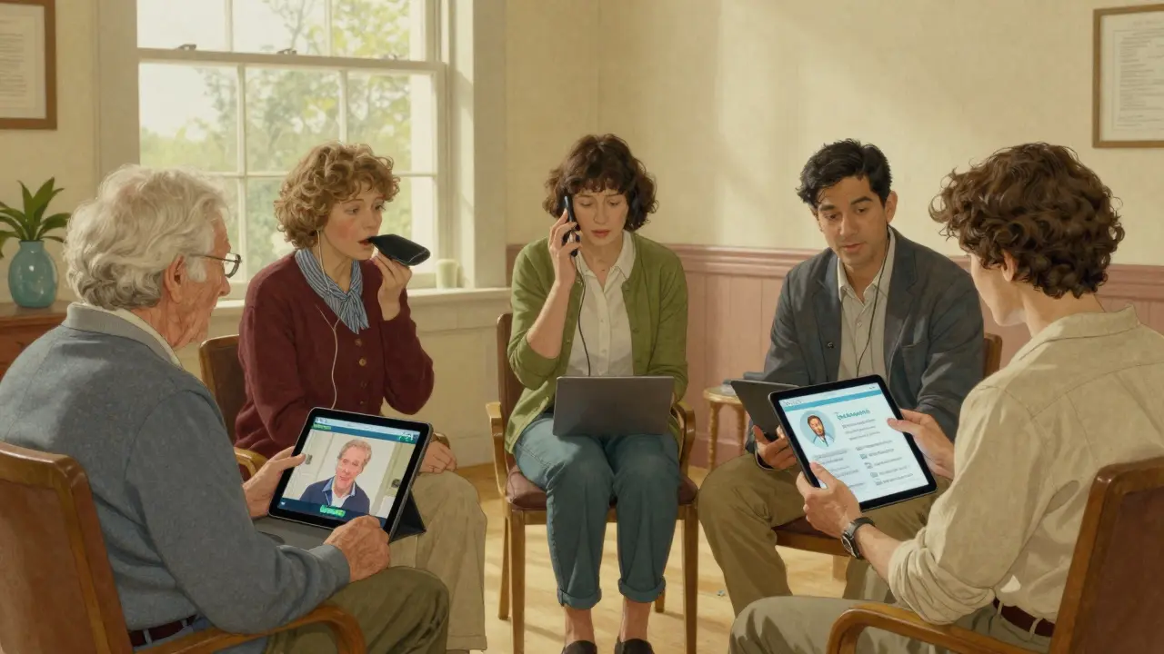 Diverse group of patients using digital health tools in a community center, supported by a navigator.