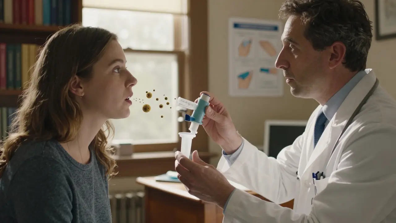 Doctor demonstrating proper inhaler technique with spacer to patient in a warm office setting.