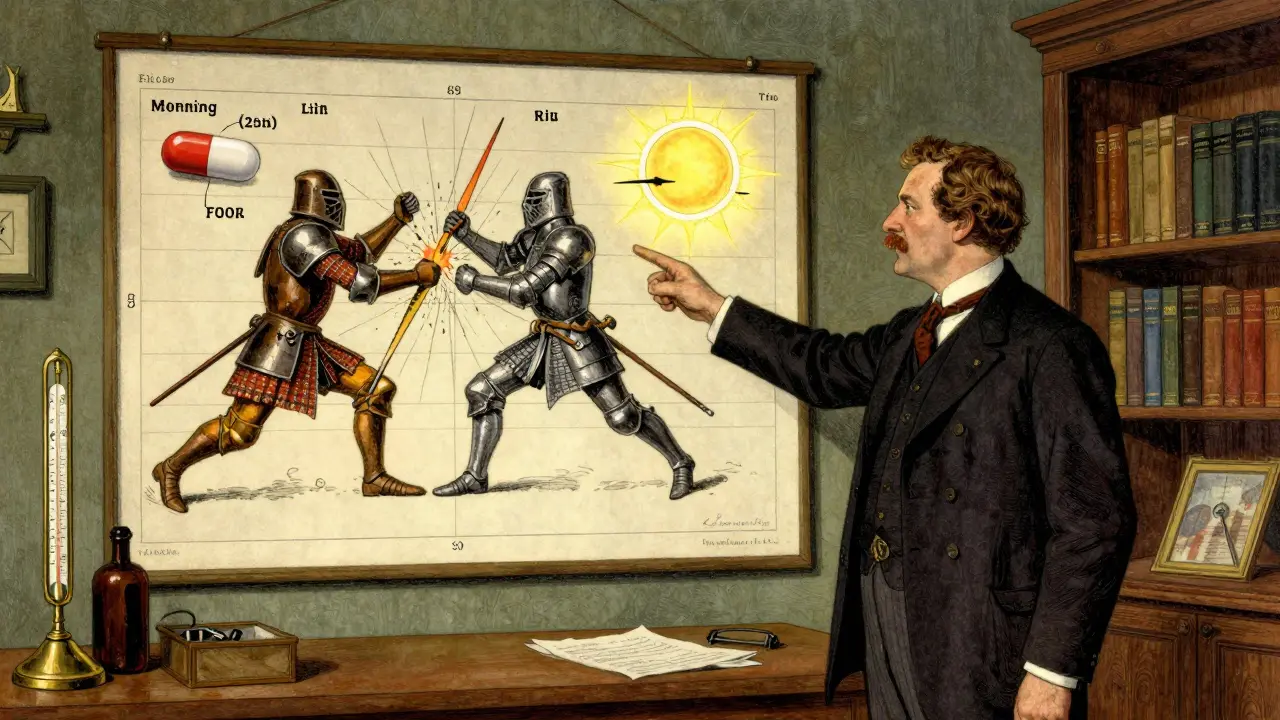 Doctor showing a medieval-style battle chart between thyroid pill and iron supplement.