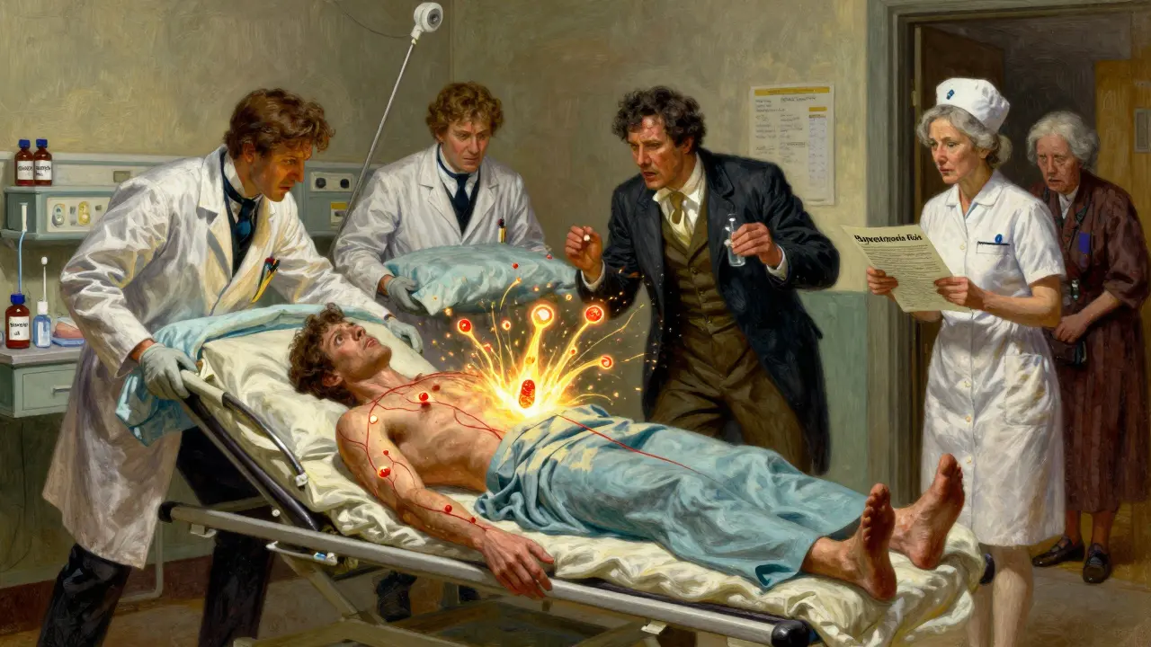 Emergency room scene with patient collapsing as serotonin surges, doctors rushing with cooling blankets and medical supplies.