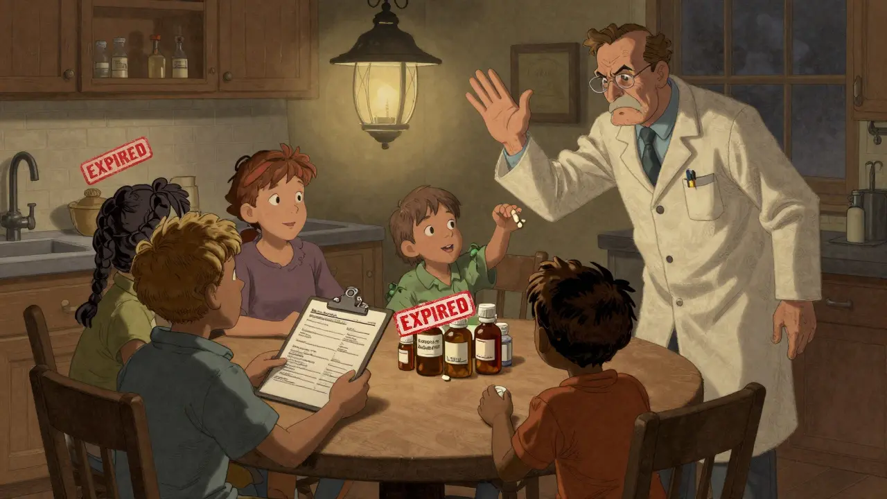 Family reviews medication list as expired pills are revealed in kitchen drawer.