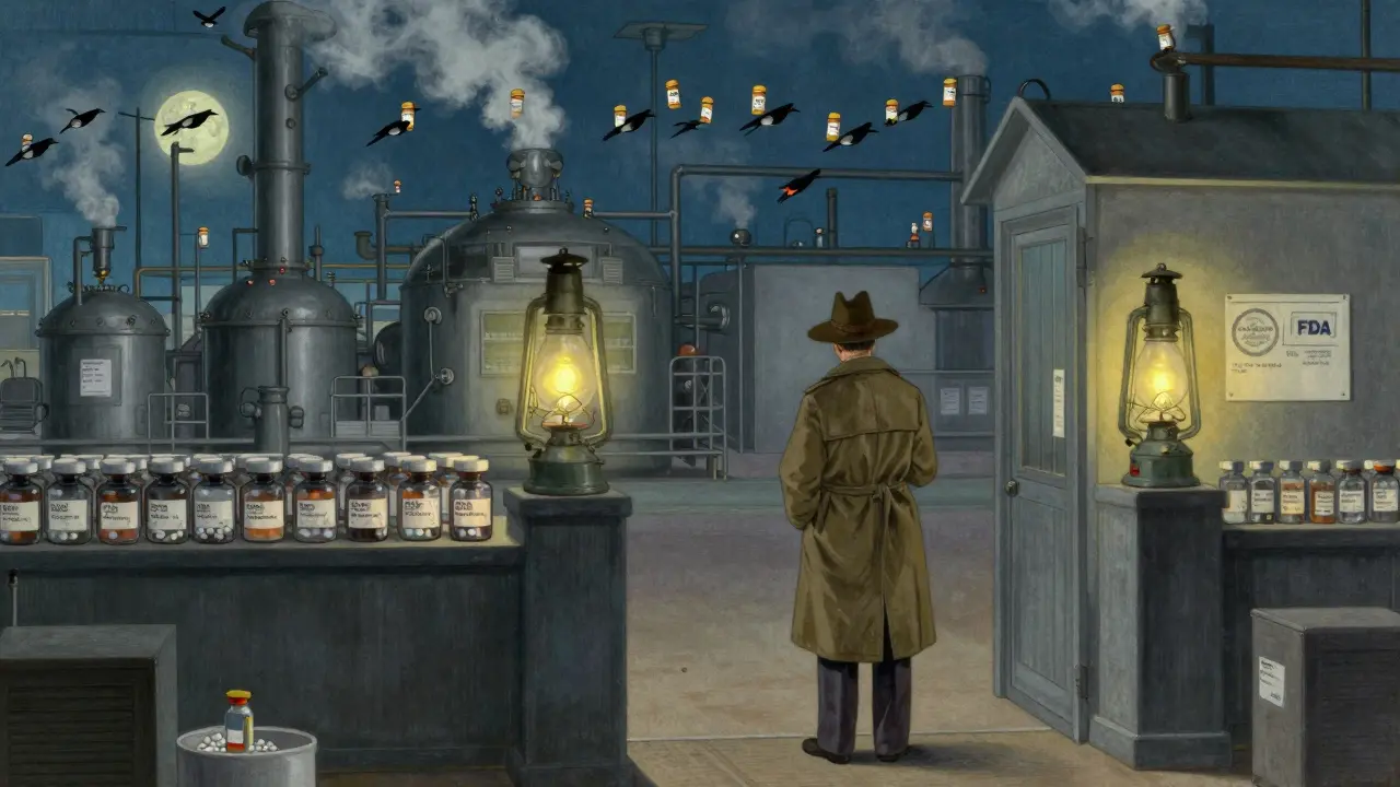 FDA inspector inspecting a foreign drug factory under gas lamps, with pill bottles flying across oceans.